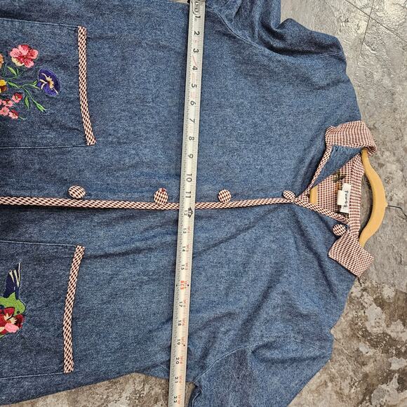 Vintage Button Up Denim Jacket Gingham Trim & Floral Embroidery Cottagecore - Picture 7 of 9